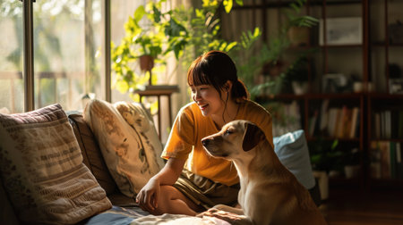 happy people at home with favorite pet , love and friendship of human and animal pragmaの素材