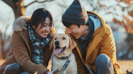 playful dog and its owner in nature outdoor , healthy lifestyle pragmaの素材