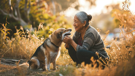 playful dog and its owner in nature outdoor , healthy lifestyle pragmaの素材