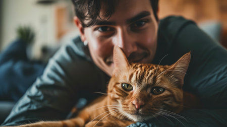 happy people at home with favorite pet , love and friendship of human and animal pragmaの素材