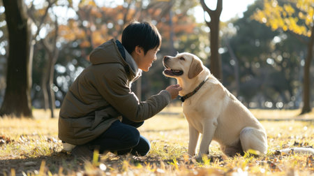 playful dog and its owner in nature outdoor , healthy lifestyle pragmaの素材