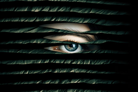 Scary eye peek out of strip lines abstract concept of unhappy vision minimal comelinessの素材