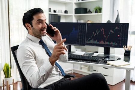Trader businessman calling to consultant or partner with two stock exchange investment, compare data...