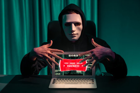 Criminal anonymous mask successful making password encryption by programming hack on laptop of...