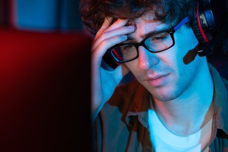 Stressful young gaming streamer team playing with joystick of Esport online on computer fighting harder lost game with to try winner on strategy plan for next at rad neon lighting modern room. Gusher.の写真素材