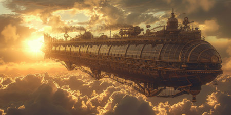 Fantasy steampunk airships float amongst clouds against a dramatic sunset backdrop, evoking adventure and exploration. Resplendent.の素材