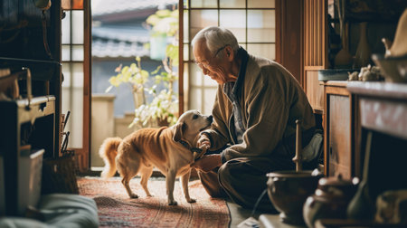 happy people at home with favorite pet , love and friendship of human and animal pragmaの素材