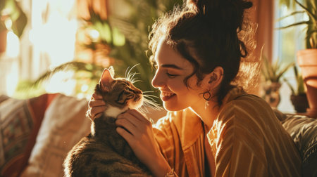 happy people at home with favorite pet , love and friendship of human and animal pragmaの素材