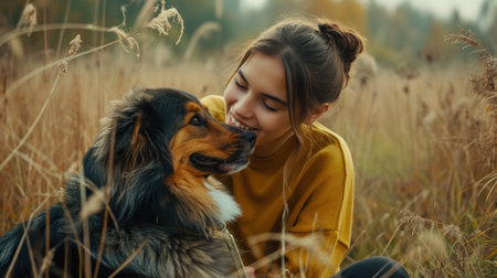 playful dog and its owner in nature outdoor , healthy lifestyle pragmaの素材