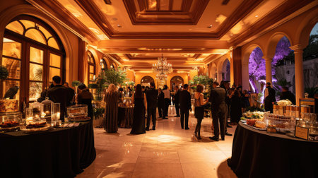 An elegant evening event, people in formal attire, beautifully decorated venue, capturing the essence of a sophisticated gathering. Resplendent.の素材