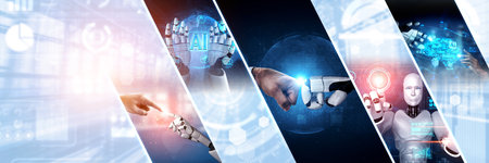 Human interact with AI artificial intelligence virtual assistant robot. Concept of AI artificial...