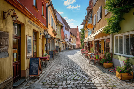 Quaint European street with colorful facades and cobblestones. A picturesque cobblestone street lined with colorful buildings and outdoor cafes in a quaint European town. Resplendent.の素材