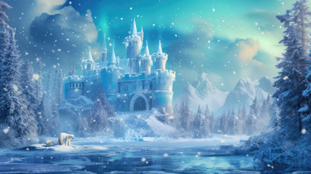 A majestic ice castle stands tall under the captivating aurora borealis, in a magical winter wonderland with a polar bear observing the scene. Resplendent.の素材