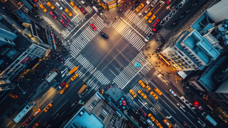 Overhead shot of a bustling city crosswalk with yellow taxis and pedestrians, capturing the vibrant urban life during rush hour. Resplendent.の素材