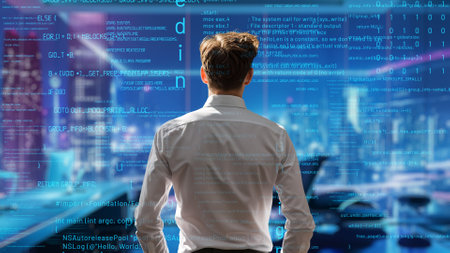 Young Male Programmer Engaged in AI Engineering: Analyzing Software Through LISP Open Bot Hologram for Artificial Intelligence-Driven Marketing Solutions.の写真素材