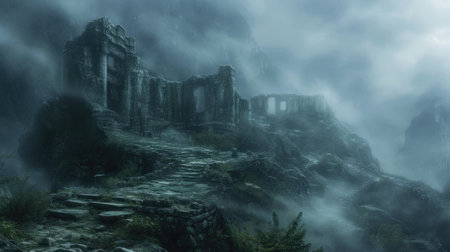 An ancient ruin on a misty mountain, with forgotten temples and overgrown paths. A mysterious fog envelops the scene, creating a sense of mystery and age. Resplendent.の素材