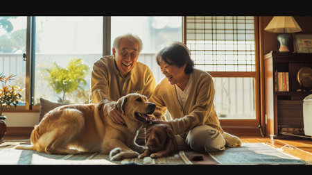 happy people at home with favorite pet , love and friendship of human and animal pragmaの素材