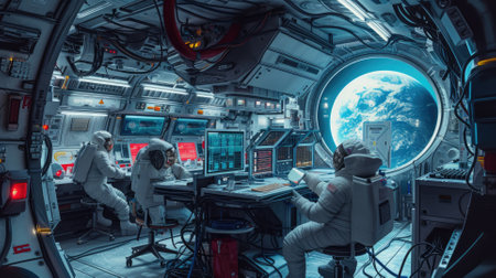 A high-tech laboratory on a space station, futuristic technology, astronauts conducting experiments, a view of Earth from space. Resplendent.の素材