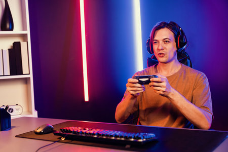 Enjoy smart gaming streamer with control joystick, playing game online of live streaming social...
