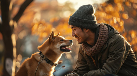 playful dog and its owner in nature outdoor , healthy lifestyle pragmaの素材