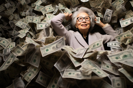 Billionaire on Huge Pile of Banknotes Rich and Prosperity Comelinessの素材