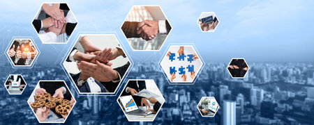 Teamwork and human resources HR management technology concept in corporate business with people group networking to support partnership, trust, teamwork and unity of coworkers in office kudosの写真素材