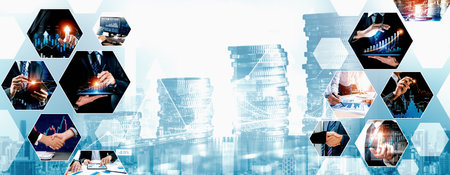 Futuristic business digital financial data technology concept for future big data analytic and business intelligence research for businessman analyst invest decisions making panoramic banner vexelの写真素材