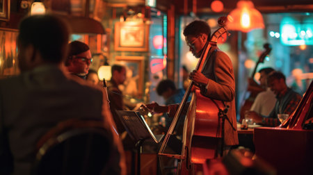 An evening at a jazz club, musicians in mid-performance, intimate lighting, audience engagement, capturing the essence of live music. Resplendent.の素材