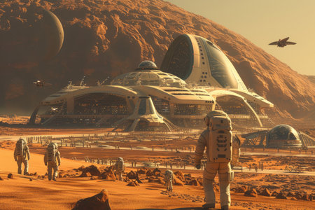 Futuristic Martian spaceport with advanced spacecraft and rocky terrain. Resplendent.の素材