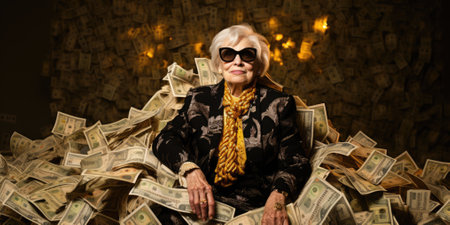 Billionaire on Huge Pile of Banknotes Rich and Prosperity Comelinessの素材