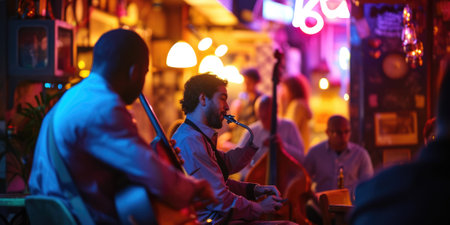 An evening jazz concert in a cozy club, musicians in deep concentration, audience immersed in the music. Resplendent.の素材