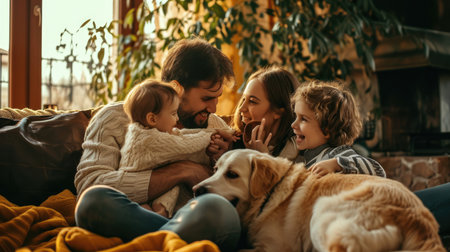 happy people at home with favorite pet , love and friendship of human and animal pragmaの素材