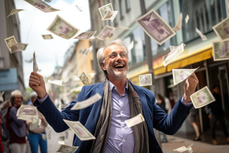 Happy person getting bonus money and banknotes flying in the air and get lucky rich and financial freedom comelinessの素材