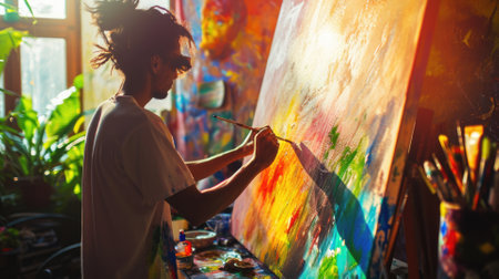 An artist painting in a sunlit studio, canvas filled with vibrant colors, capturing the creative process. Resplendent.の素材