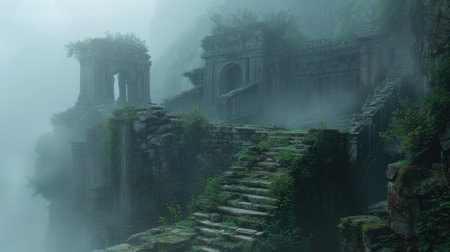 An ancient ruin on a misty mountain, with forgotten temples and overgrown paths. A mysterious fog envelops the scene, creating a sense of mystery and age. Resplendent.の素材