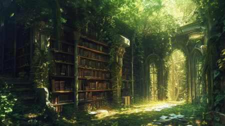 An ancient library in a hidden forest, overgrown with ivy, books filled with forgotten lore, mystical ambiance, sunlight filtering through leaves. Resplendent.の素材