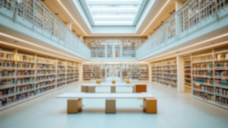A softly blurred image of a library interior, featuring rows of bookshelves, reading tables, and a peaceful study atmosphere. A library with blurred outline. Resplendent.の写真素材