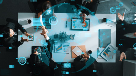 Top down aerial view of skilled business team listening manager present global networking system...