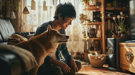 happy people at home with favorite pet , love and friendship of human and animal pragmaの素材
