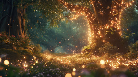 An enchanted forest with magical creatures, glowing plants, ancient trees, a hidden fairy village, mystical ambiance. Resplendent.の素材