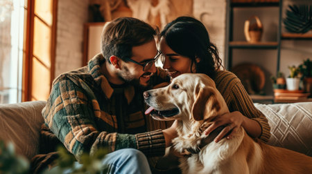 happy people at home with favorite pet , love and friendship of human and animal pragmaの素材