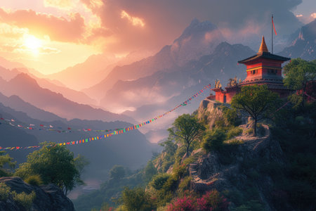Sunrise illuminates a Himalayan temple and vibrant prayer flags, with the majestic snow-capped mountains creating a breathtaking backdrop. A tranquil monastery high in the mountains. Resplendent.の素材