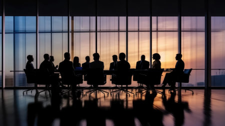 Silhouettes of group of business people against sunset comelinessの素材