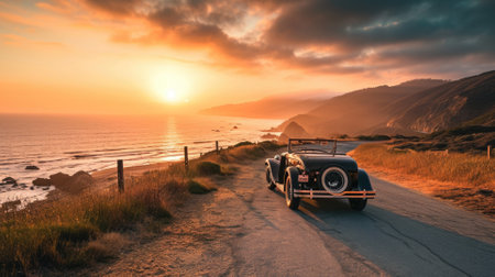 A vintage car parked on a winding coastal road overlooking the ocean, with a stunning sunset in the background creating a nostalgic scene. Resplendent.の素材
