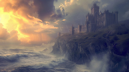 A historic medieval castle on a cliff, ocean waves crashing below, dramatic sky, knights and horses, period architecture. Resplendent.の素材