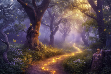 An enchanted forest with magical creatures, glowing plants, ancient trees, a hidden fairy village, mystical ambiance. Resplendent.の素材