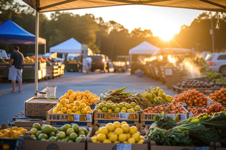 An early morning farmers market scene, bustling with vendors and customers, fresh produce on display, capturing the essence of local commerce and community. Resplendent.の素材