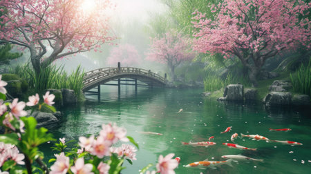 The warm sunset glow reflects on the tranquil waters of a koi pond by a traditional Japanese pavilion, surrounded by the soft pink hues of cherry blossoms. Resplendent.の素材