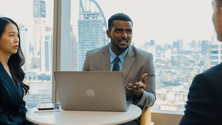 Ornamented office overlooking city skyline, diversity corporate professional discuss ambitious...