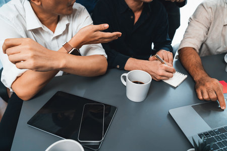 Group of diverse office worker employee working together on strategic business marketing planning in corporate office room. Positive teamwork in business workplace concept. Prudentの写真素材
